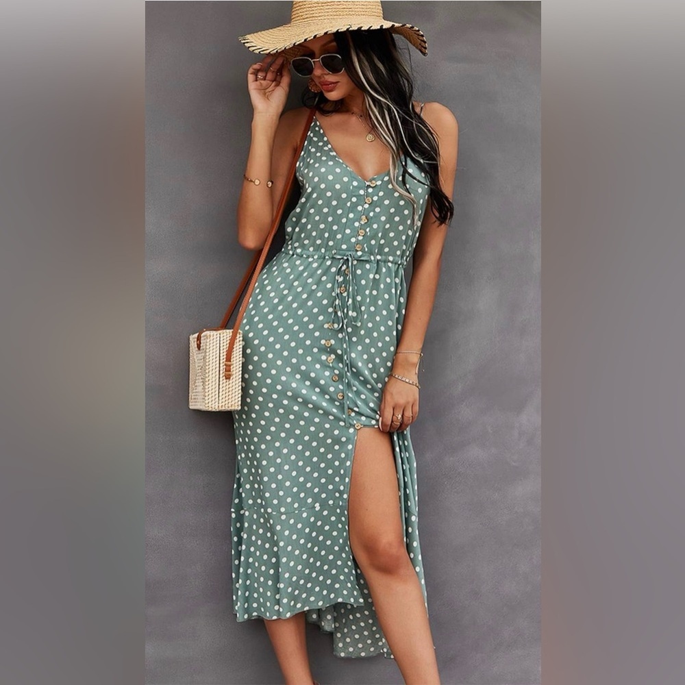 NWT BROVAVE Elegant Green Polka Dot Maxi Dress Size Small - Picture 6 of 8